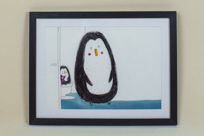 cadre "Papa accompagne L&eacute;on" Dimensions (Lxl) : 43x33 cm - illustration originale d'&Eacute;mile Jadoul de l'album " Gros pipi !"publi&eacute; aux &Eacute;ditions Pastel.