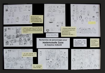 Présentation des esquisses de recherche de personnages annotées par l'illustratrice Delphine Durand - Panneau 2.