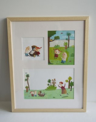 Illustrations originales encadrées - Thème: "Zazie et Max" - Cadre: "Max, Zazie et leur bébé".