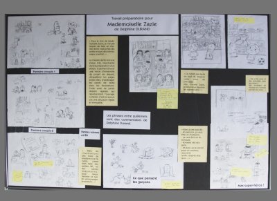 Présentation du travail préparatoire aux illustrations finales annoté par l'illustratrice Delphine Durand - Panneau 1.