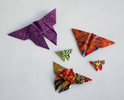 5 origamis en forme de papillon à disposer sous vitrine pour mettre en valeur le travail préparatoire de l'artiste, réalisés par Elisabeth Cuzuel-Romby.