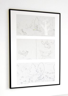 "Trois crayonnés" présentés sous cadre. Travail préparatoire de Coralie Saudo.