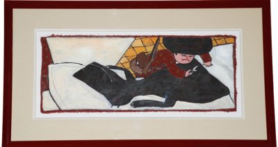 "Un chasseur vint à passer par là…" - Illustration originale de Frédérick Mansot tirée de l'album "Le petit Chaperon rouge" écrit par les frères Grimm publié aux éditions Magnard Jeunesse.