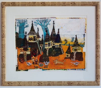 "Au village" - Illustration originale encadrée de l'album "Le fil d'or de Fatinou" - Frédérick Mansot