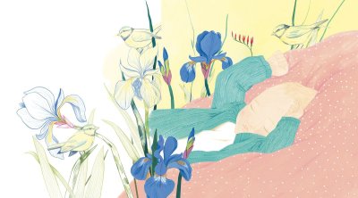 "Bébé aux iris" - Illustration originale encadrée avec passe-partout ivoire et baguette chêne.
