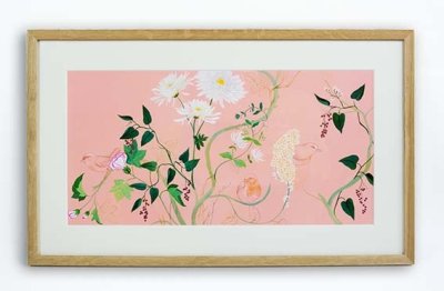 "Pivoines et rouge-gorges" - Illustration originale des pages de garde de l'album "Un très beau jour" de Judith Gueyfier publié aux Éditions Didier Jeunesse.