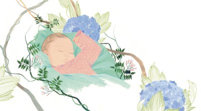 "Bébé aux hortensias"- Illustration originale de Judith Gueyfier.