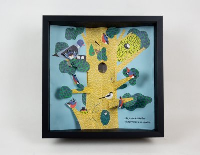 "Dans l'arbre" - Boîtage et illustration pop-up de l'album "Sitelles belles belles" écrit et illustré par Olivia Cosneau.