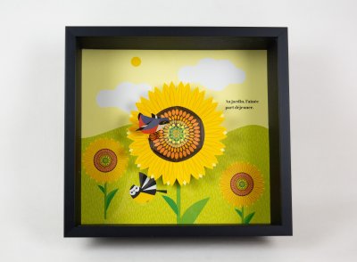 "Tournesol et passereaux" - Boîtage et illustration pop-up de l'album "Sitelles belles belles" écrit et illustré par Olivia Cosneau, ingénierie papier Bernard Duisit, publié aux éditions Hélium.