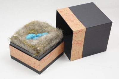véritable nid carré et ses faux oeufs (à présenter sous vitrine)