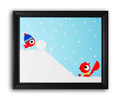 Illustration originale "Une belle boule de neige" - p1 et 2 de l'album "Bim Bam Boum" écrit par John Pan et illustré par Anne Crahay - Éditions Élan vert