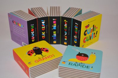 4 albums cubiques avec rabats et onglets sur les 7 présentés dans l'exposition, écrits et illustrés par Anne Crahay - Collection "Petite histoire..." et collection "Le Plus..." publiées aux Éditions Albin Michel.