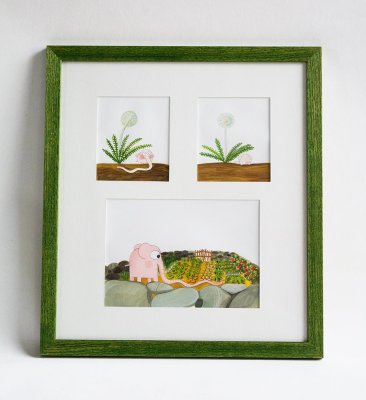 "Pomelo au potager" - des cadres avec des baguettes colorées, rassemblant des illustrations de différents albums sur un même thème.